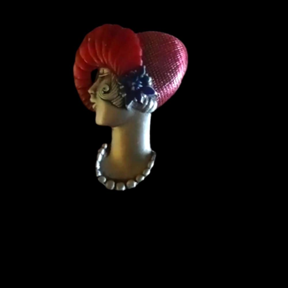 Vintage Signed JJ Lady Head Brooch Pewter Red Purple Enamel Art Nouveau Revival